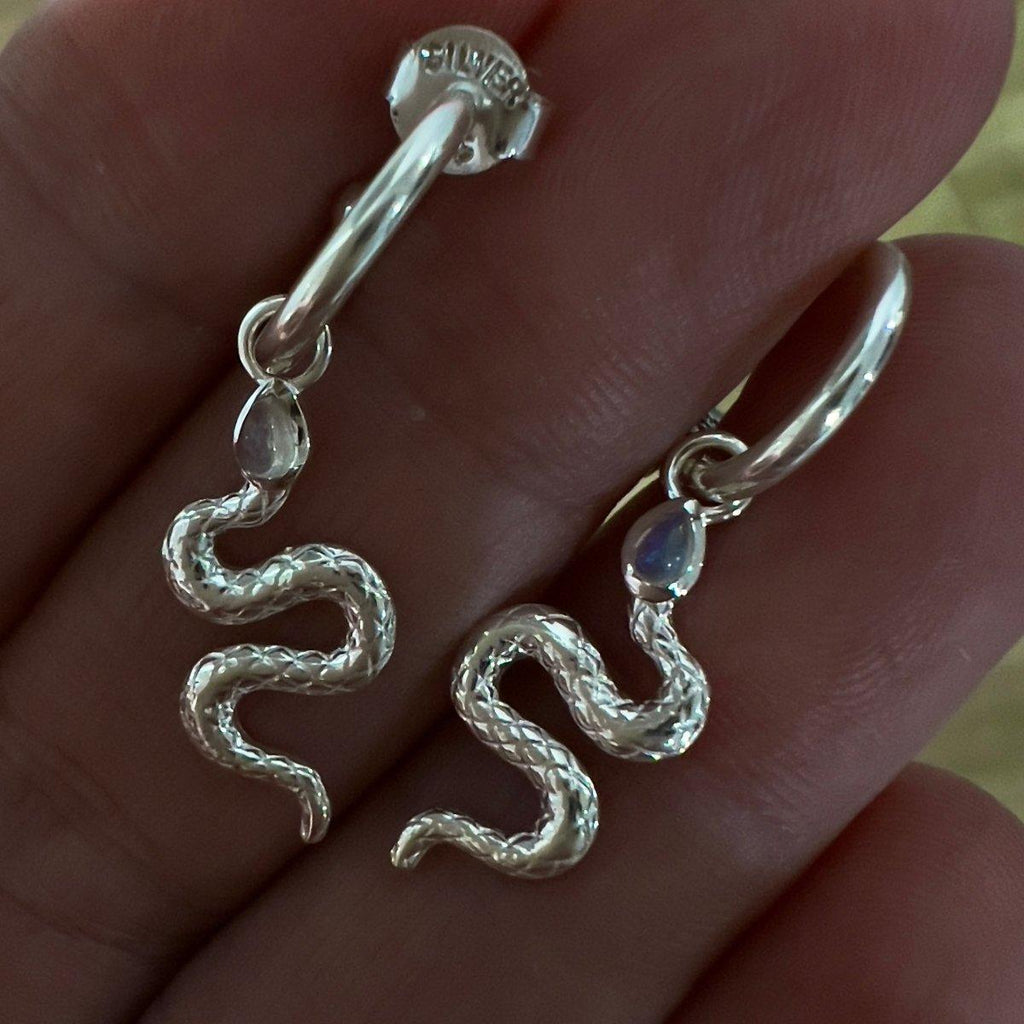 Laihas New Beginnings Moonstone Snake Hoop Earrings.