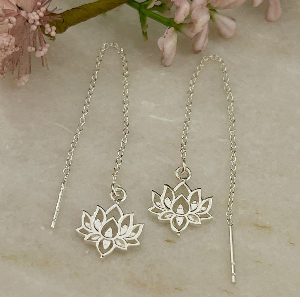 Laihas Prestige Boho Chic Lotus Flower Threader Earrings- Sterling Silver