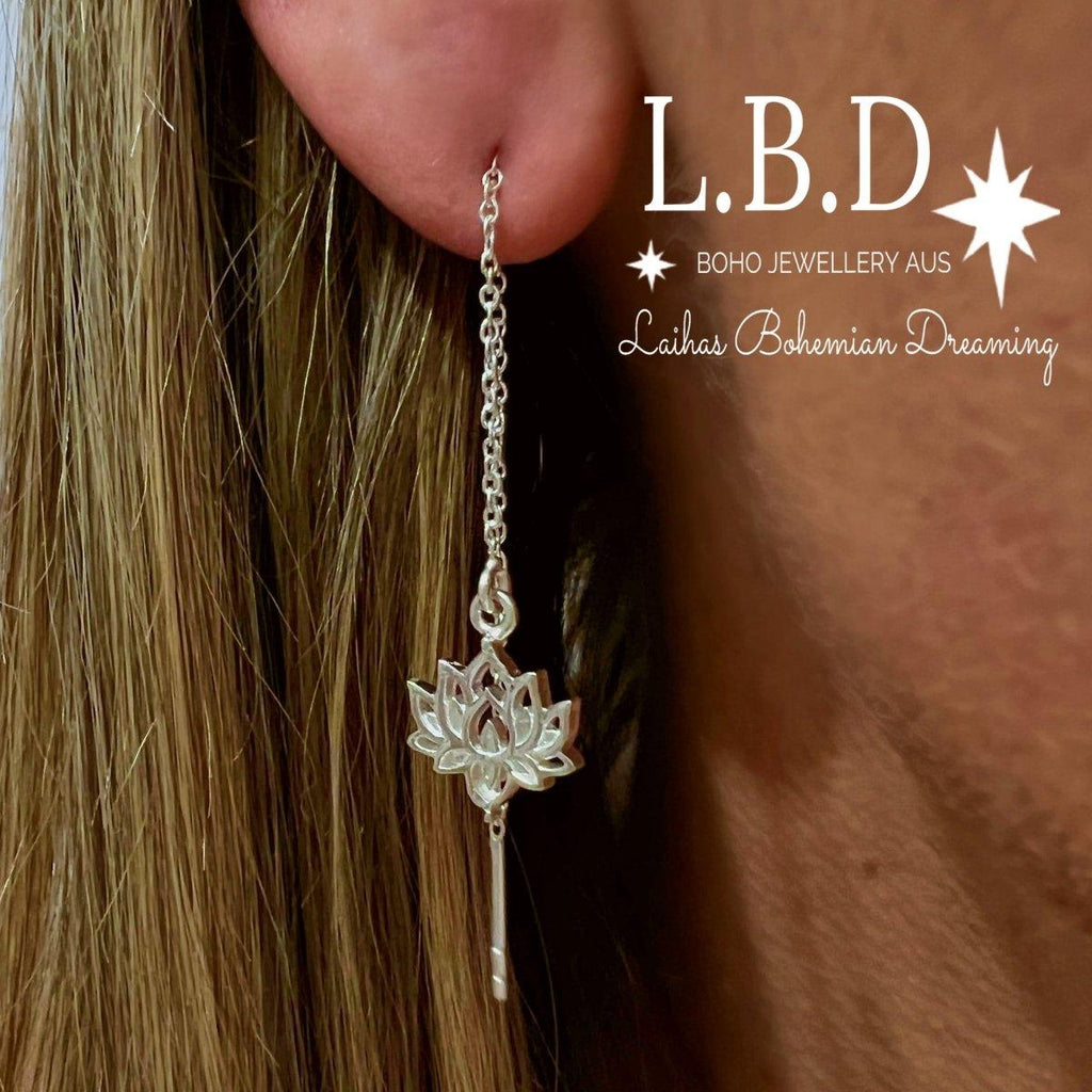 Laihas Prestige Boho Chic Lotus Flower Threader Earrings- Sterling Silver