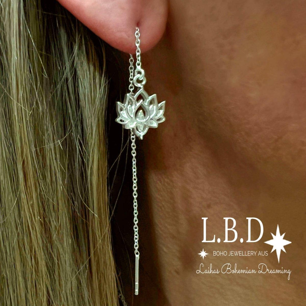 Laihas Prestige Boho Chic Lotus Flower Threader Earrings- Sterling Silver