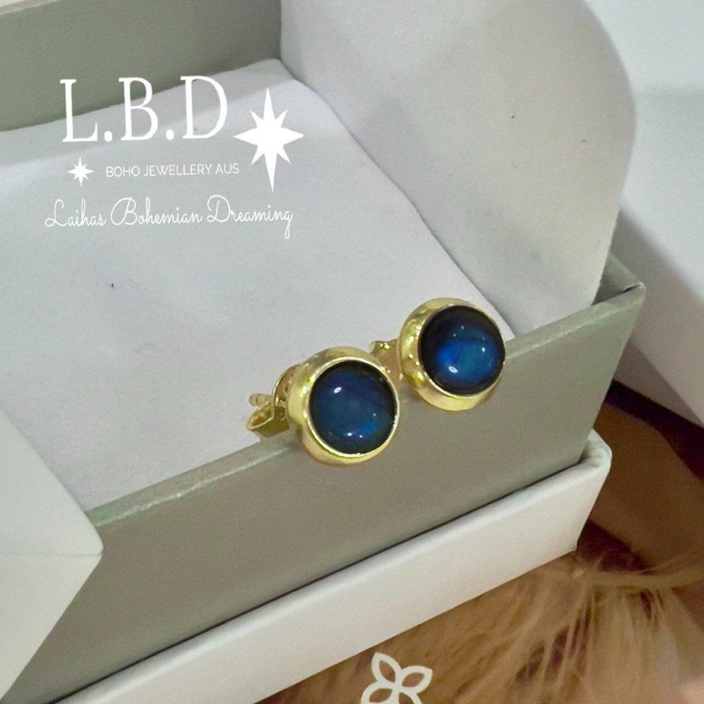Laihas Small Classic Chic Round Gold Labradorite Stud Earrings