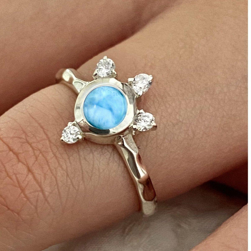 Larimar Ring- Luxury Solar Burst Larimar & Topaz Ring