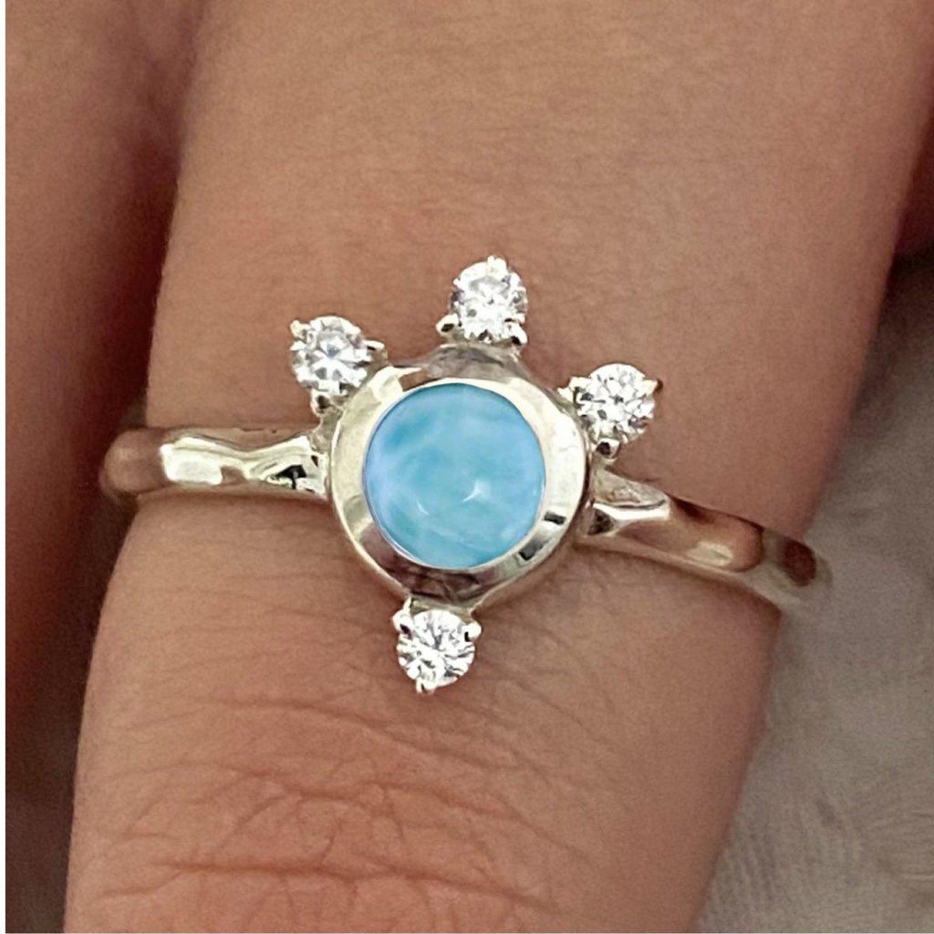 Larimar Ring- Luxury Solar Burst Larimar & Topaz Ring