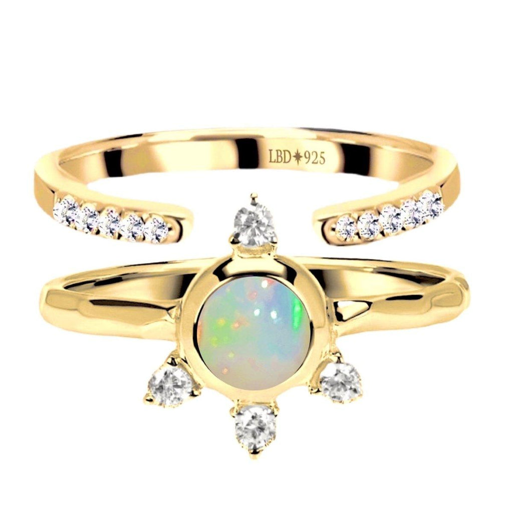 Luxury Solar Burst Genuine Opal & Topaz Gold Ring Set