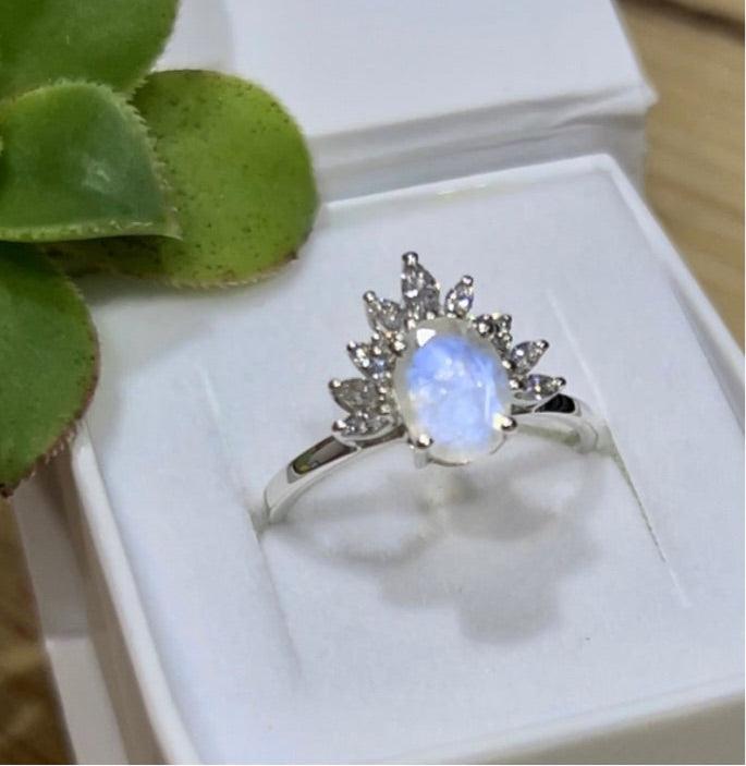 Moonstone Ring- Empress Moonstone and Topaz Crystal Ring