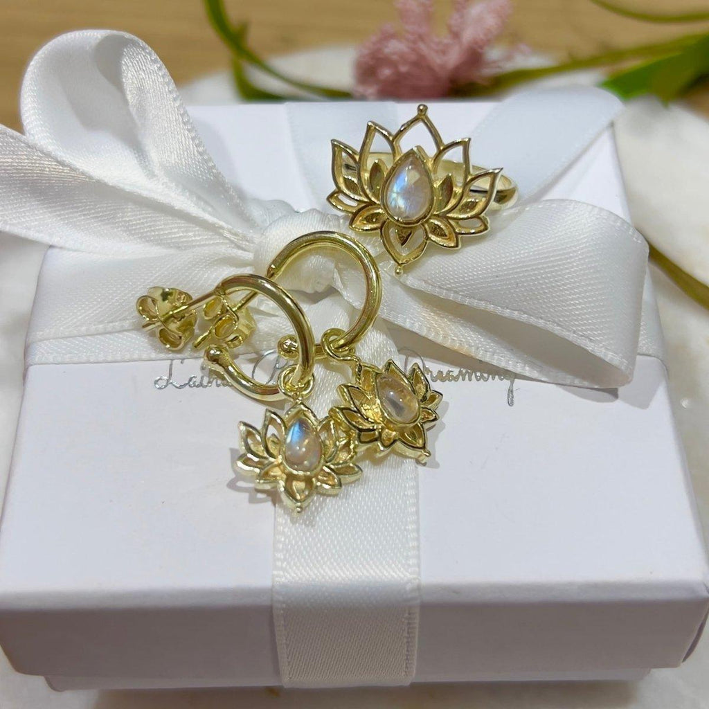 Opulent Lotus Flower Gold Moonstone Hoop Earrings