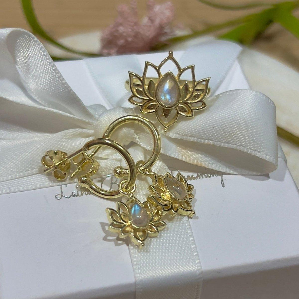 Opulent Lotus Flower Gold Moonstone Hoop Earrings