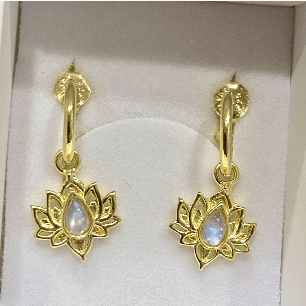 Opulent Lotus Flower Gold Moonstone Hoop Earrings