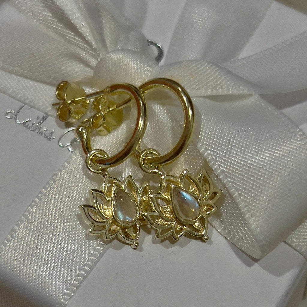 Opulent Lotus Flower Gold Moonstone Hoop Earrings