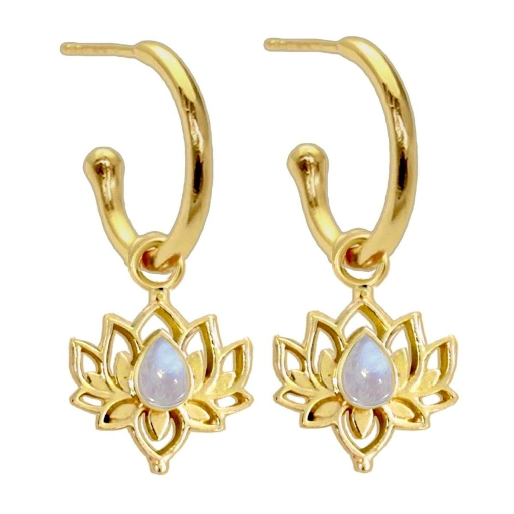 Opulent Lotus Flower Gold Moonstone Hoop Earrings