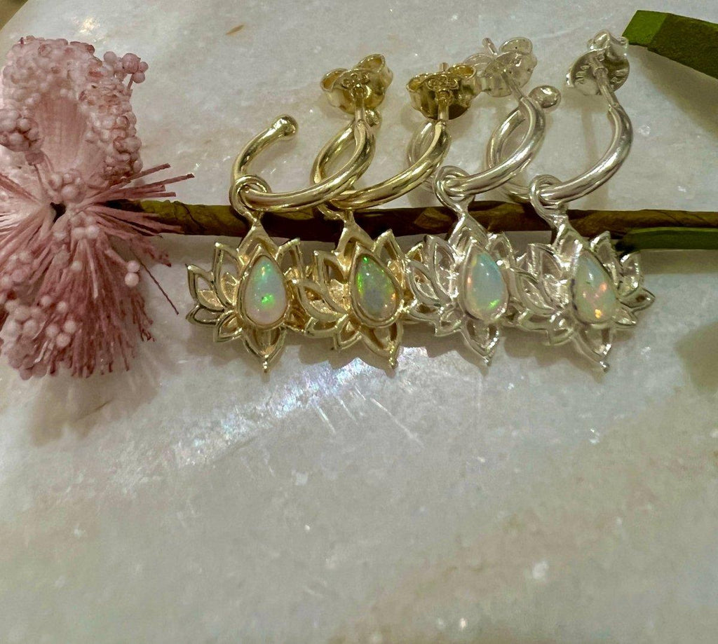Opulent Lotus Flower Gold Opal Hoop Earrings