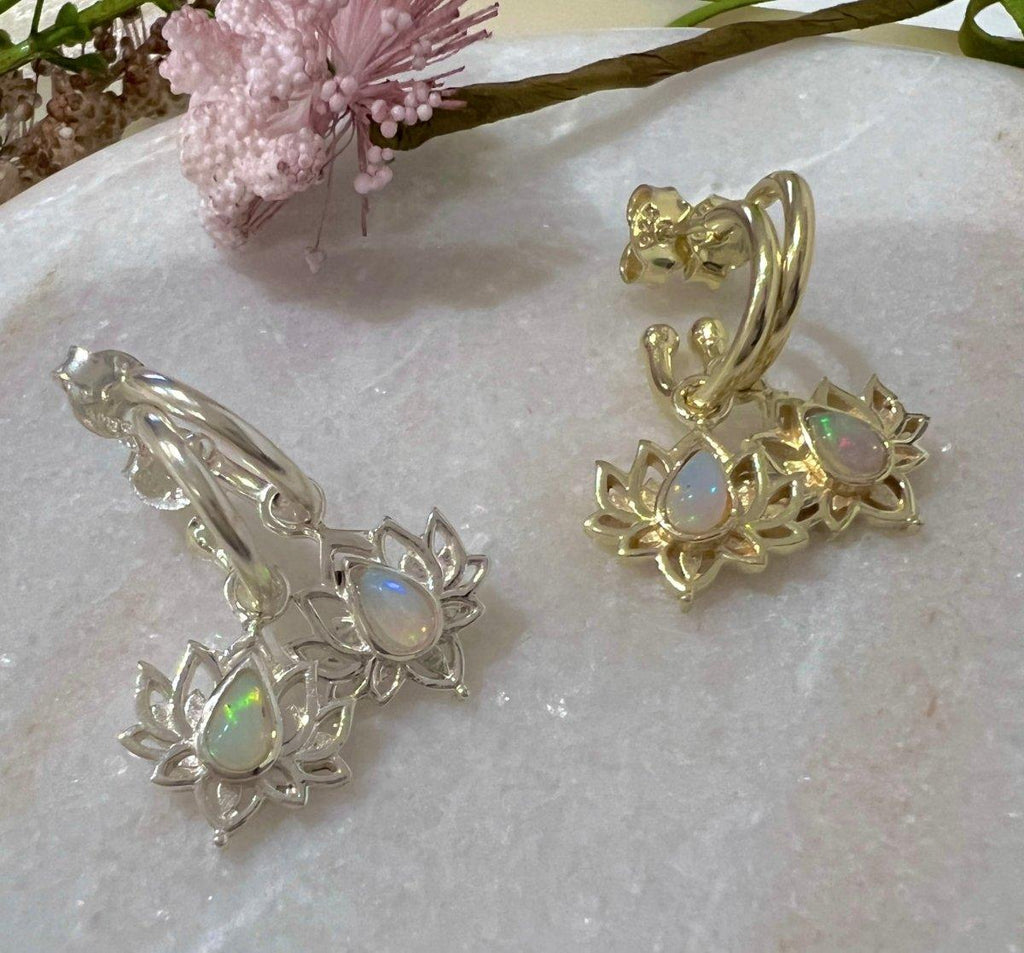 Opulent Lotus Flower Gold Opal Hoop Earrings