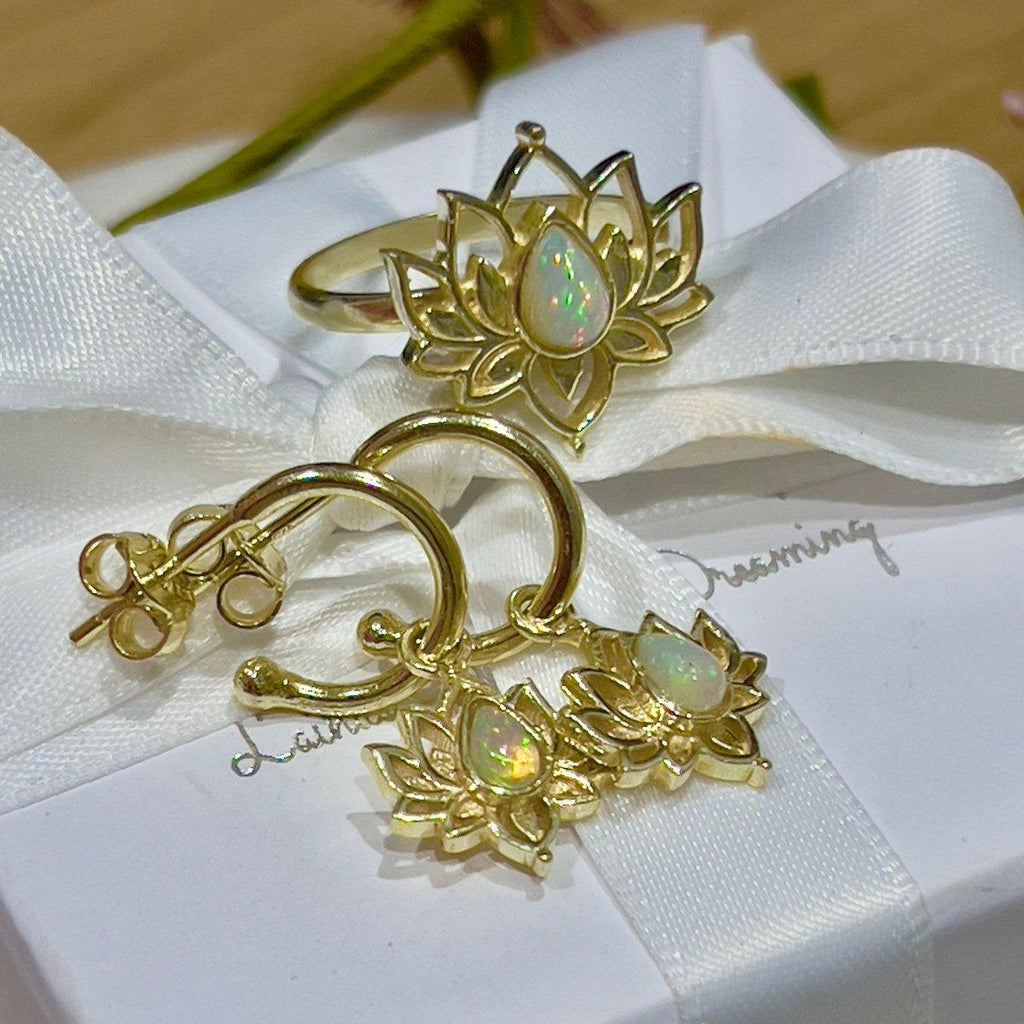 Opulent Lotus Flower Gold Opal Hoop Earrings