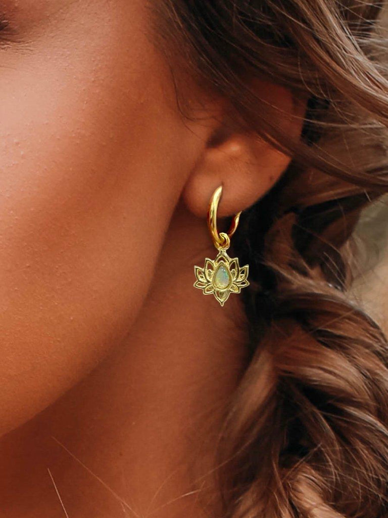 Opulent Lotus Flower Gold Opal Hoop Earrings