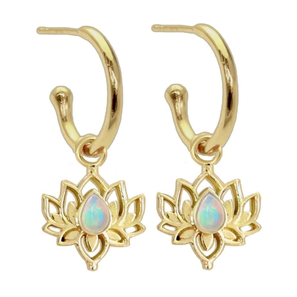 Opulent Lotus Flower Gold Opal Hoop Earrings