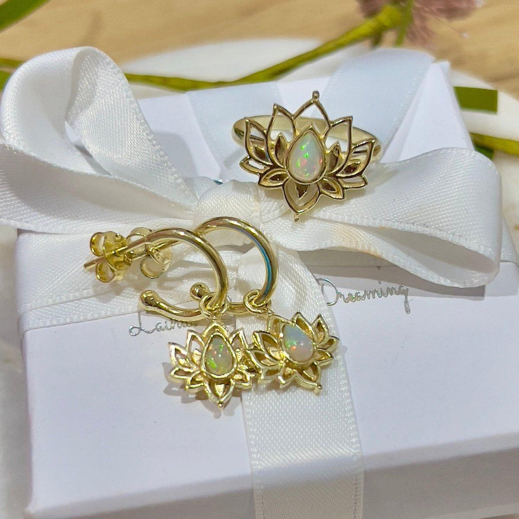 Opulent Lotus Flower Gold Opal Hoop Earrings