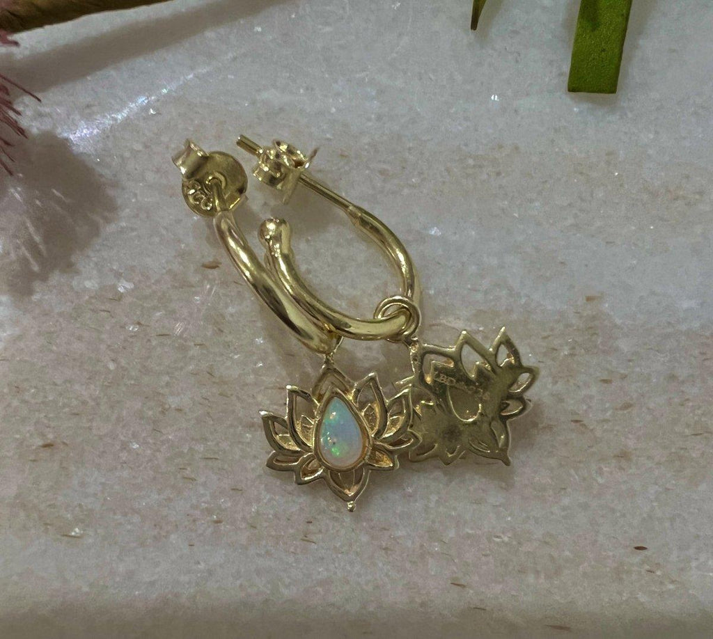 Opulent Lotus Flower Gold Opal Hoop Earrings