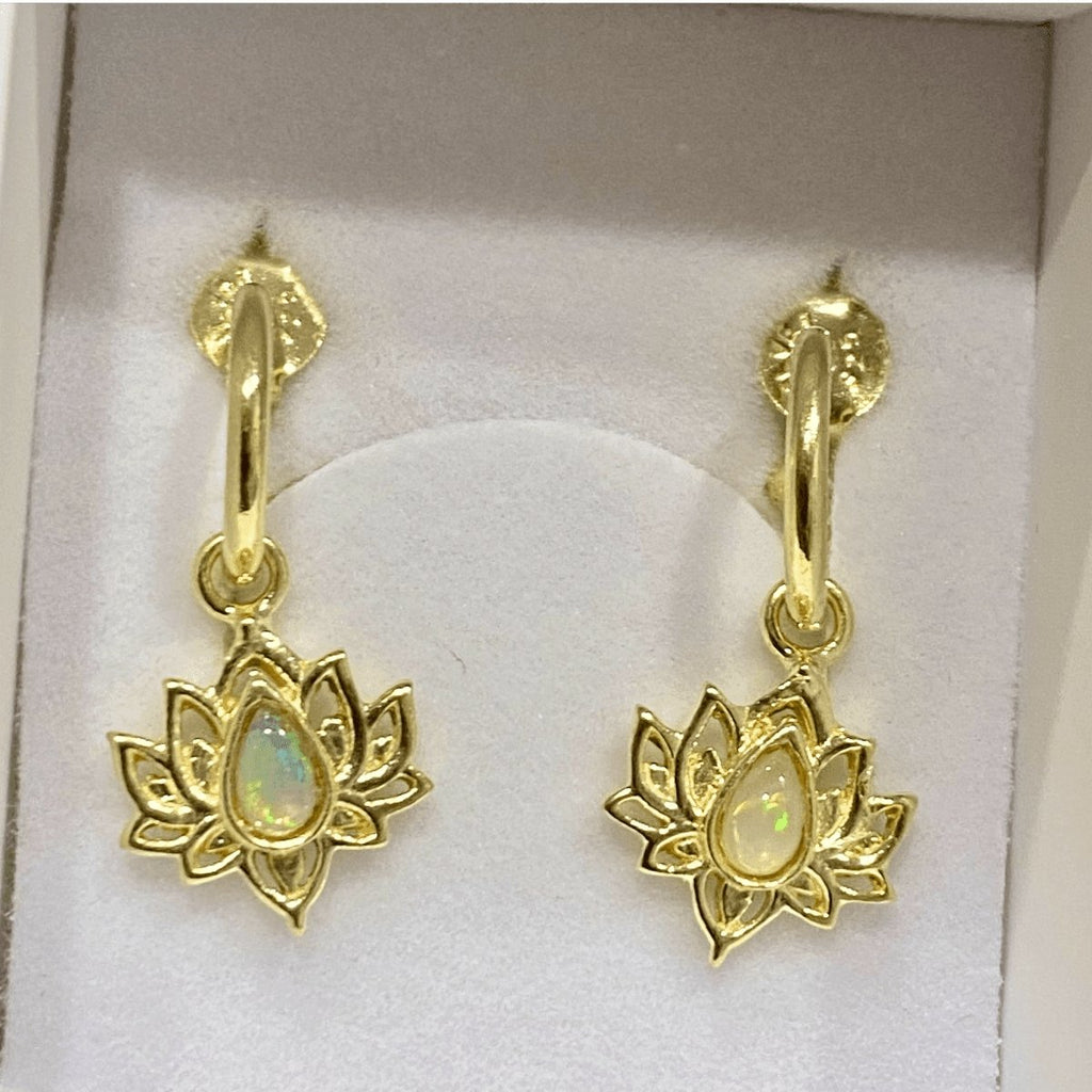 Opulent Lotus Flower Gold Opal Hoop Earrings