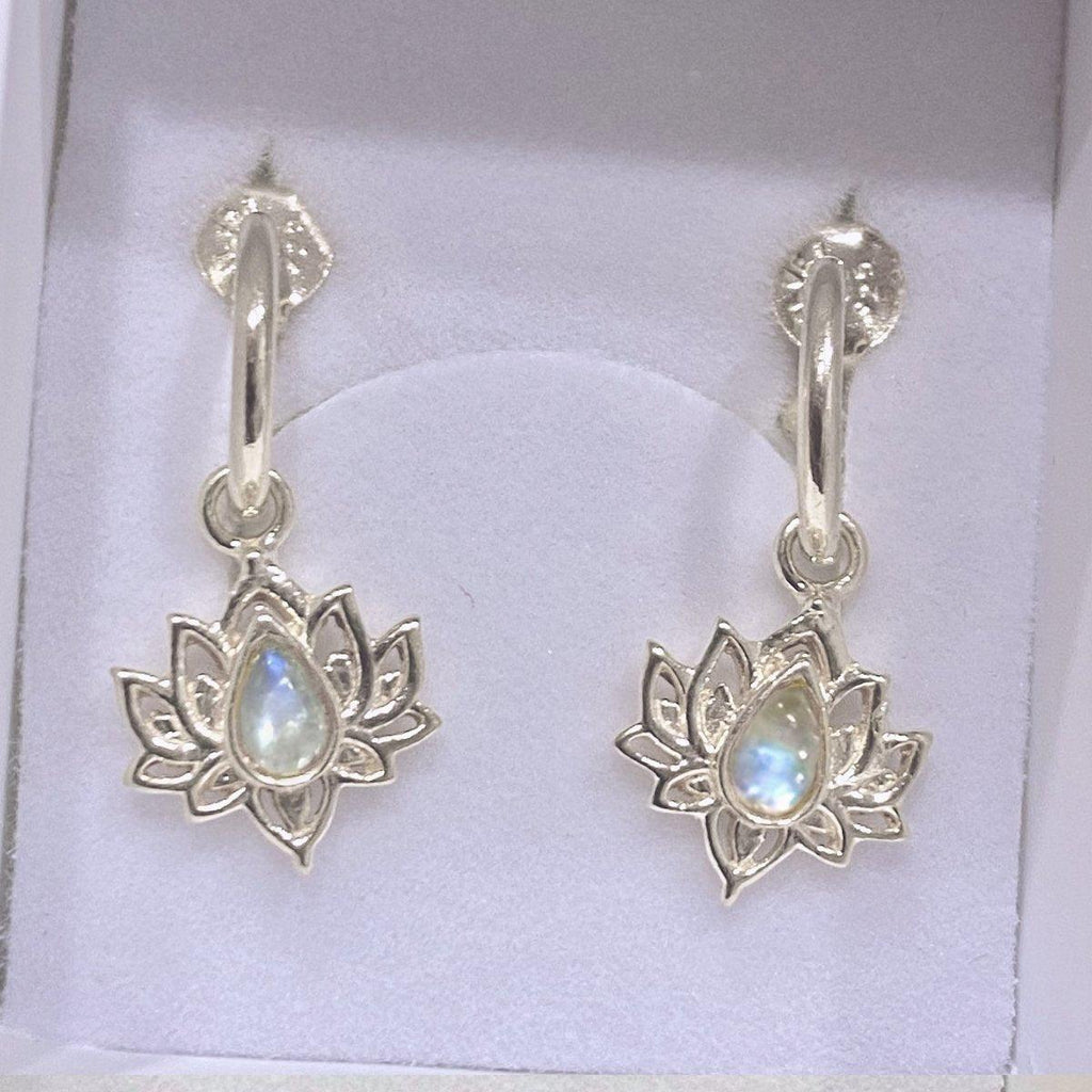 Opulent Lotus Flower Moonstone Hoop Earrings