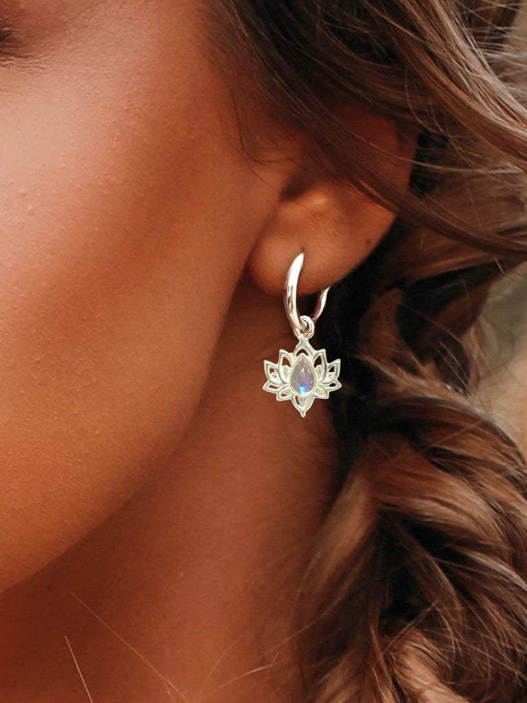 Opulent Lotus Flower Moonstone Hoop Earrings