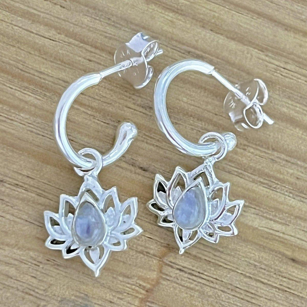 Opulent Lotus Flower Moonstone Hoop Earrings