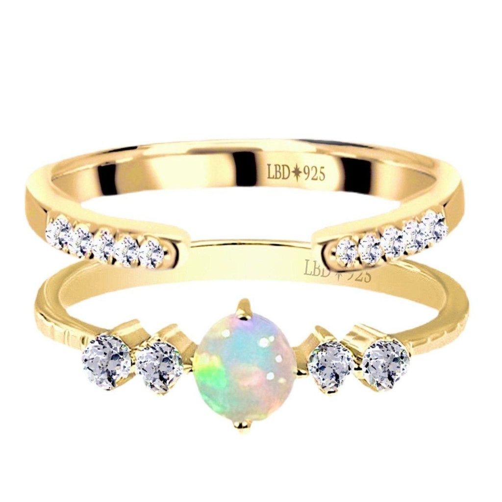 Petite Sparkle Genuine Opal and Topaz Gold Ring Set