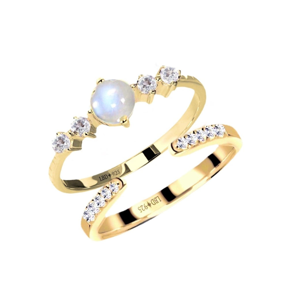 Petite Sparkle Gold Moonstone and Topaz Ring Set